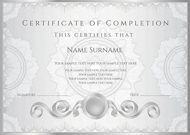 silver certyfikat lub dyplom ukończenia (szablon). nagroda tle projekt (gilosz wzór, ramki) - certificate frame vector engraved image stock illustrations