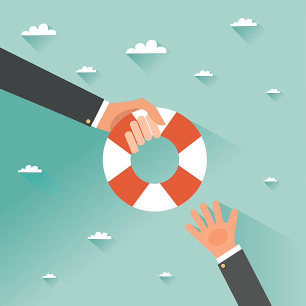 Helping Business to survive Helping Business to survive. Drowning businessman getting lifebuoy from another businessman. Business help, support, survival, investment concept. Vector colorful illustration in flat style survival illustrations stock illustrations