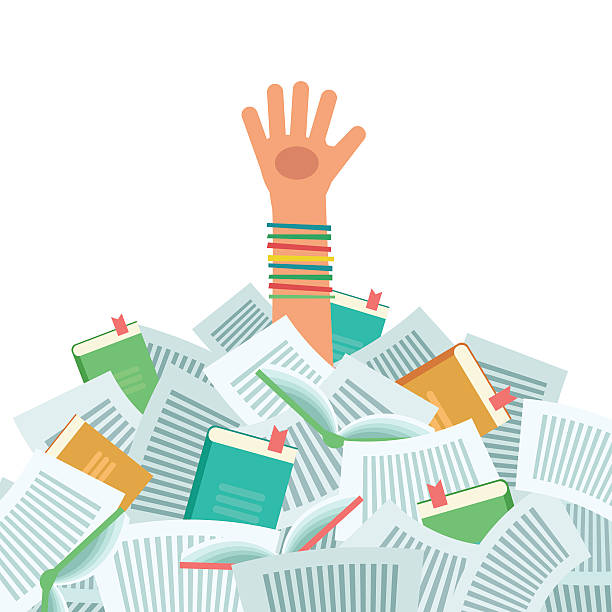 homework paper images Pile of books and Overwhelmed student Pile of books and Overwhelmed student. Too much study. Student's hand drowning in books. Education concept. Vector colorful illustration isolated on white homework paper stock illustrations