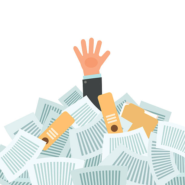 Overworked businessman under a lot of documents Overworked businessman under a lot of documents. A lot of work concept. Vector colorful illustration in flat design isolated on white stack rock stock illustrations