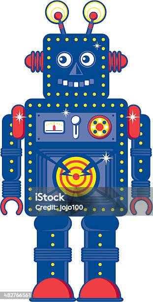 Ретро Синий Робот Персонажа Значок — стоковая векторная графика и другие изображения на тему Machinery - Machinery, Векторная графика, Вертикальный