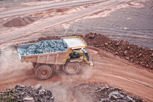 dumper truck on road in a surface mine quarry. mining industry.