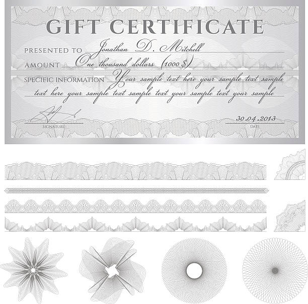 ilustraciones, imágenes clip art, dibujos animados e iconos de stock de certificado de regalo plata (guilloche cupón/cupón), patrón (billete de banco de moneda, revise) - frame silver pattern swirl