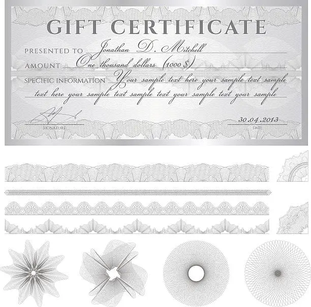 Vector illustration of Silver Gift certificate (voucher / coupon) guilloche pattern (banknote, currency, check)