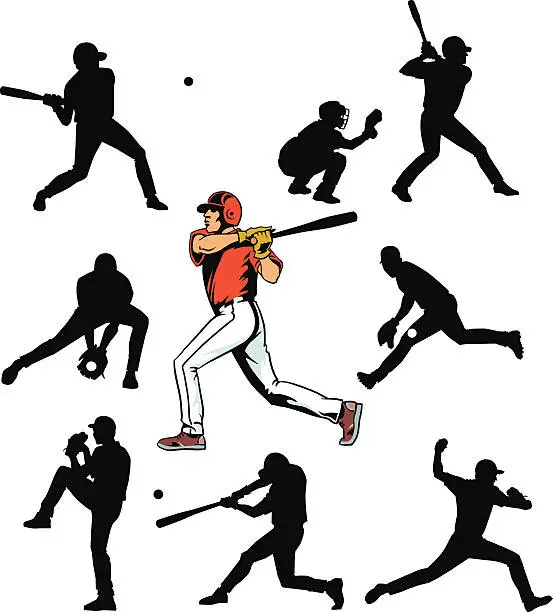 Vector illustration of Baseball Players Set - Silhouettes and Color Drawing