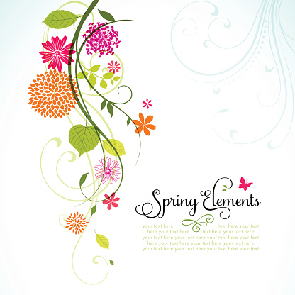 Spring design with flowers, leaves and copyspace.  EPS10 file contains transparencies.  Hi res joeg included, global colors used. Scroll down to see more of my illustrations.