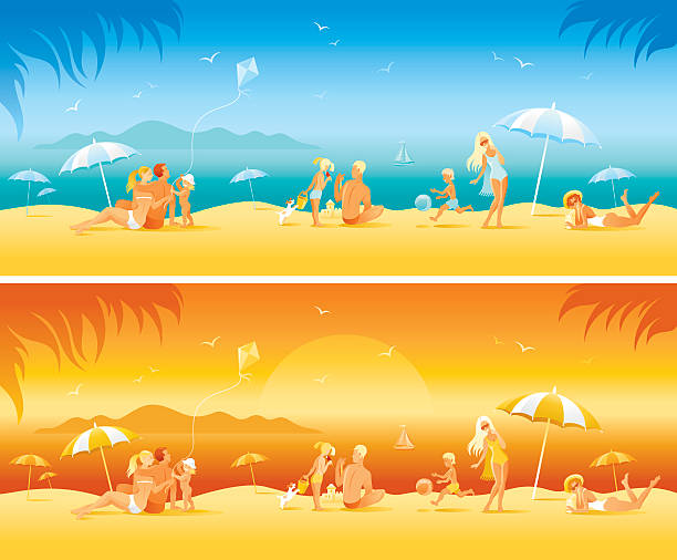 illustrations, cliparts, dessins animés et icônes de famille sur la plage banners: journée et des couleurs du coucher du soleil - cartoon umbrella dog care