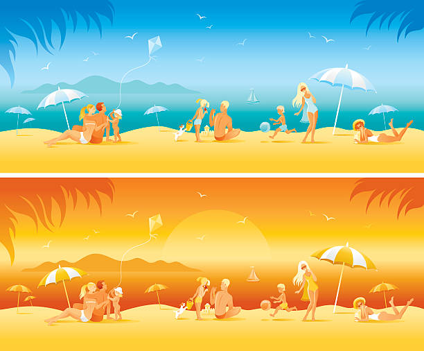 семья на пляже banners: день и заката - cartoon umbrella dog care stock illustrations