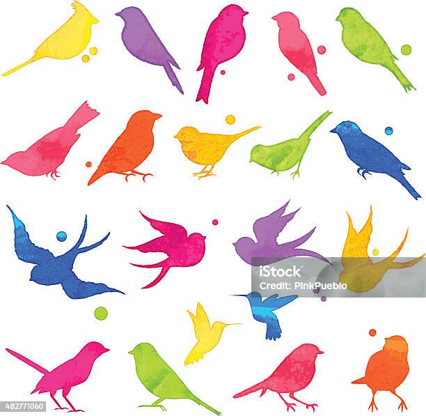 Vector Collection Of Bright Watercolor Bird Silhouettes Stock Illustration - Download Image Now