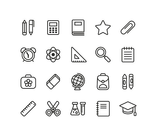 ilustraciones, imágenes clip art, dibujos animados e iconos de stock de iconos de la escuela - material escolar