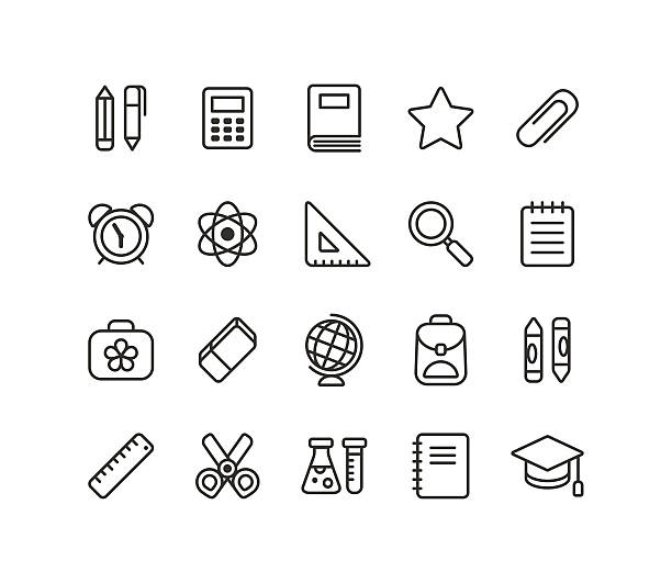 School icons Set of school and education vector line icons: stationery, learning and science symbols and various school supplies. school supplies stock illustrations