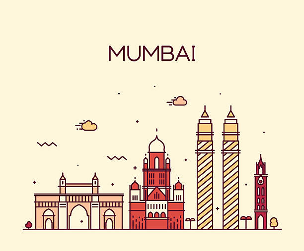 ilustrações, clipart, desenhos animados e ícones de mumbai horizonte da cidade de ilustração vetorial arte em linha - bombaim