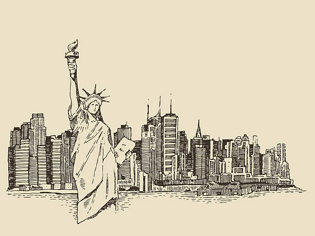 New York city with Statue of Liberty vector sketch New York city architecture with Statue of Liberty on front vector vintage engraved illustration hand drawn sketch new york state illustrations stock illustrations