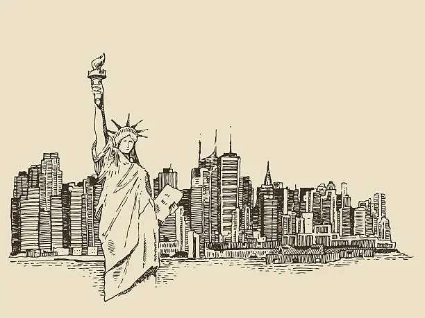 Vector illustration of New York city with Statue of Liberty vector sketch