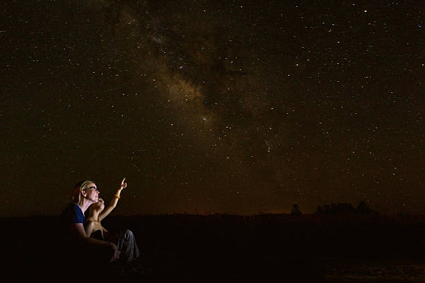 Mother star gazing with young son while he studies constellations Mid adult Caucasian mother is sitting outdoors with her young son. Boy is sitting in mother's lap while they look up into the night sky. They are star gazing and studying constellations. Little boy is pointing to moon or stars in clear night sky. astronomy stock pictures, royalty-free photos & images