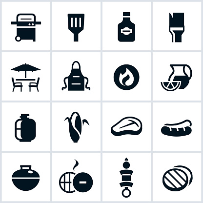 Grilling and BBQ icons in a single color. The icons include a grill, apron, table and food items popular with grilling out.