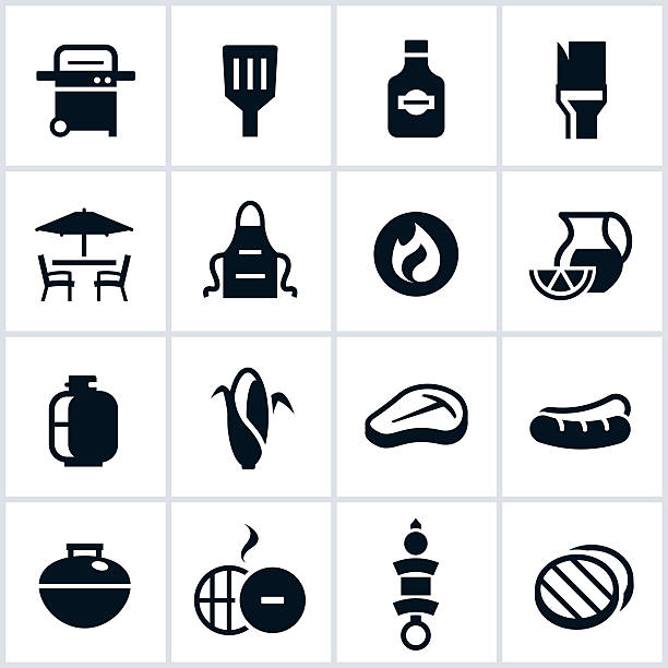 Black Grilling and BBQ Icons Grilling and BBQ icons in a single color. The icons include a grill, apron, table and food items popular with grilling out. shish kebab stock illustrations