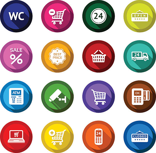 ilustraciones, imágenes clip art, dibujos animados e iconos de stock de plano de conjunto de botones de color 03 - information sign shopping cart web address sign