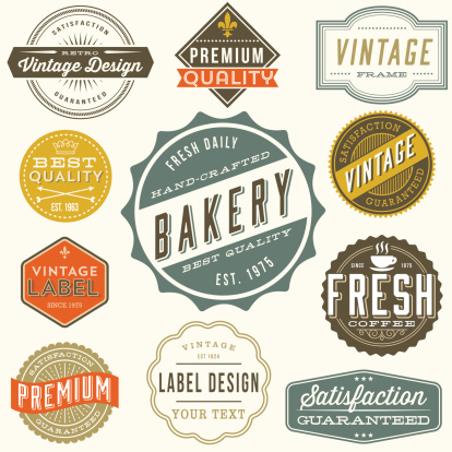 Set of colorful vintage labels and design elements. Each design is grouped and colors are global for easy editing.