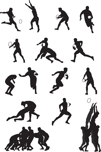 Some classic rugby moves in silhouettes.