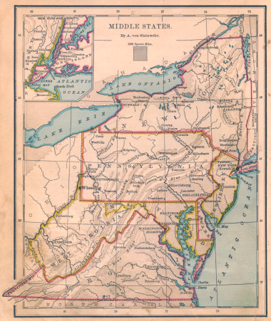 Color image of an old map of the Middle (United) States.