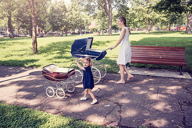 istock Mother and daughter walking babies in vintage prams. 482787052