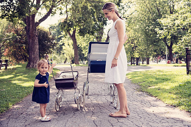 istock Mother and daughter walking babies in vintage prams. 482787064
