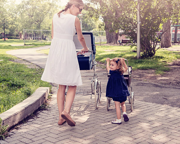 istock Mother and daughter walking babies in vintage prams. 482787088