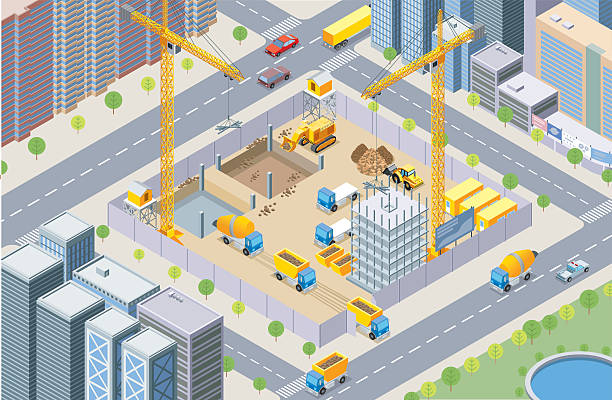 Isometric, construction site Isometric, construction site made in adobe Illustrator (vector) building activity illustrations stock illustrations