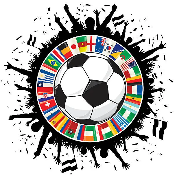 Vector illustration of Soccer Ball, Cheering Fans, Circle of Flags Soccer Championship 2014