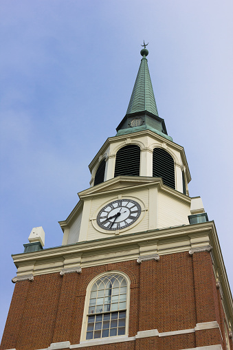 Wait Chapel Steeple at Wake Forest University in Winston-Salem, North Carolina, USA.  The first building constructed on the Reynolda campus of Wake Forest University, it was named in memory of Samuel Wait, the university's first president, in October 1956. Part of Hearn Plaza.