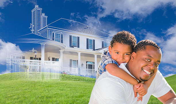 istock Mixed Race Father and Son with Ghosted House Drawing Behind 482790548