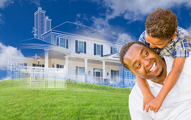 istock Mixed Race Father and Son with Ghosted House Drawing Behind 482790564