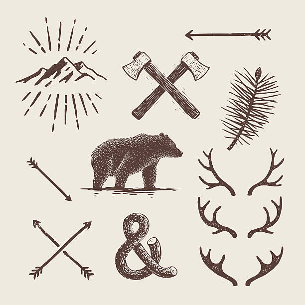 ilustraciones, imágenes clip art, dibujos animados e iconos de stock de conjunto vintage de alaska. bear, ejes, las montañas, deer antlers - hacha