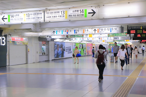 Tokyo Japan - July 1, 2015: People travel at Shinjuku train station in Tokyo Japan.