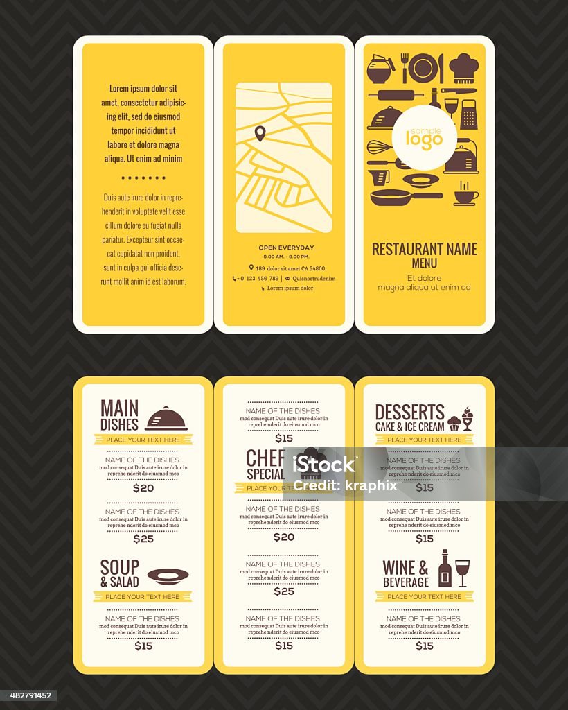 Modern Restaurant menu design pamphlet template Modern Restaurant menu design pamphlet vector template in A4 size Tri fold Folded stock vector