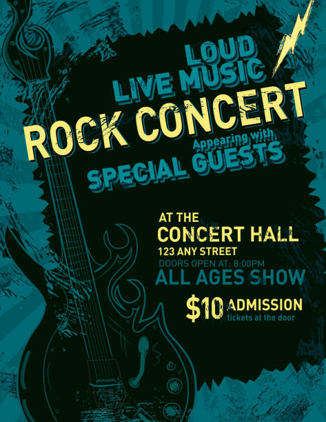 Rock concert poster design template Vector illustration of a rock concert poster template design. Includes sample text design and layout as well as guitar and lightning bolt design elements. Download includes Illustrator 8 eps, high resolution jpg and png files. concert poster template stock illustrations