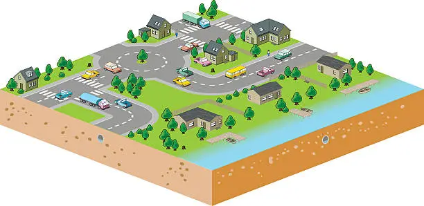 Vector illustration of Isometric city and river