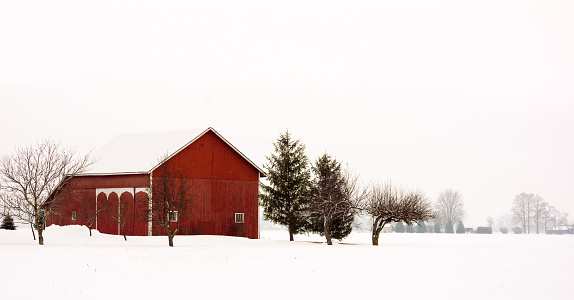 Winter snow scene with a rustic red barn covered with snow.