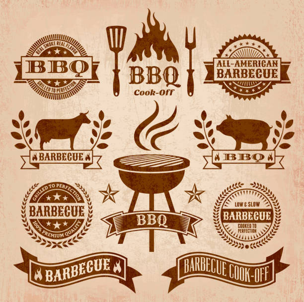 Summer Barbecue royalty free vector icon set Summer Barbecue Grunge graphic. The illustration features 100% editable royalty free vector background with grunge texture. Barbecue, fire, flame, cooking, meat, beef, fork and knife, and copy space banners are featured in the badge designs. Image download includes vector graphic and jpg file. smoked stock illustrations