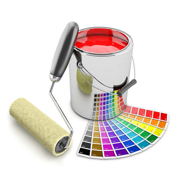 lata de tinta, de cores e escova de rolo. conceito 3d - house painter home improvement paint can painter - fotografias e filmes do acervo