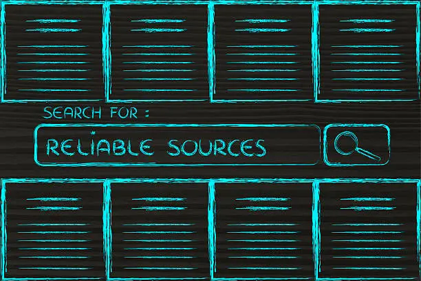 Photo of documents and search bar, looking for reliable sources