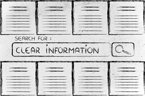 Photo of documents and search bar, looking for clear information