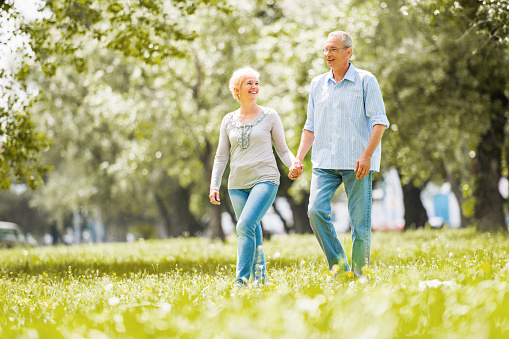 Cheerful mature couple taking a walk in park.   
