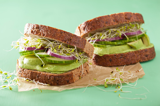 healthy rye sandwich with avocado cucumber alfalfa sprouts