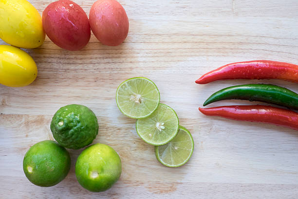 Fresh Vegetable/Herb and ingredients on wooden background. (Okra,Tomato,Chillies,Lemon,Lime,Eggplant and yellow,Charantia,Winged bean,Kaffir lime leaf,Kitchen Mint,Parsley,Hog Plum)