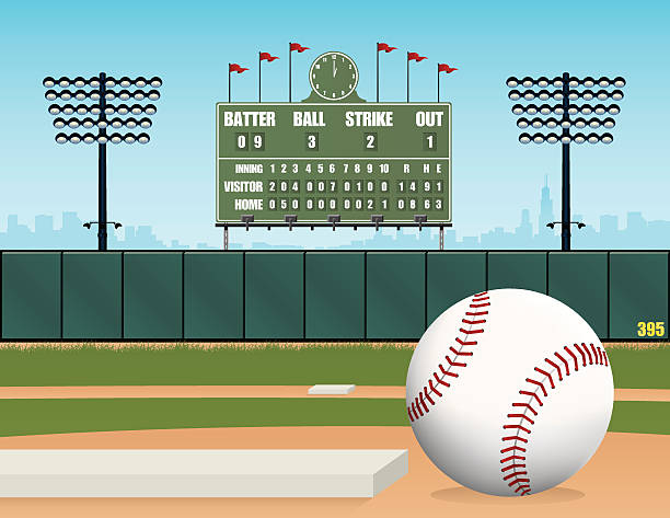 illustrations, cliparts, dessins animés et icônes de terrain de baseball, ballon, stadium et rétro tableau des scores illustration vectorielle - scoreboard baseballs baseball sport