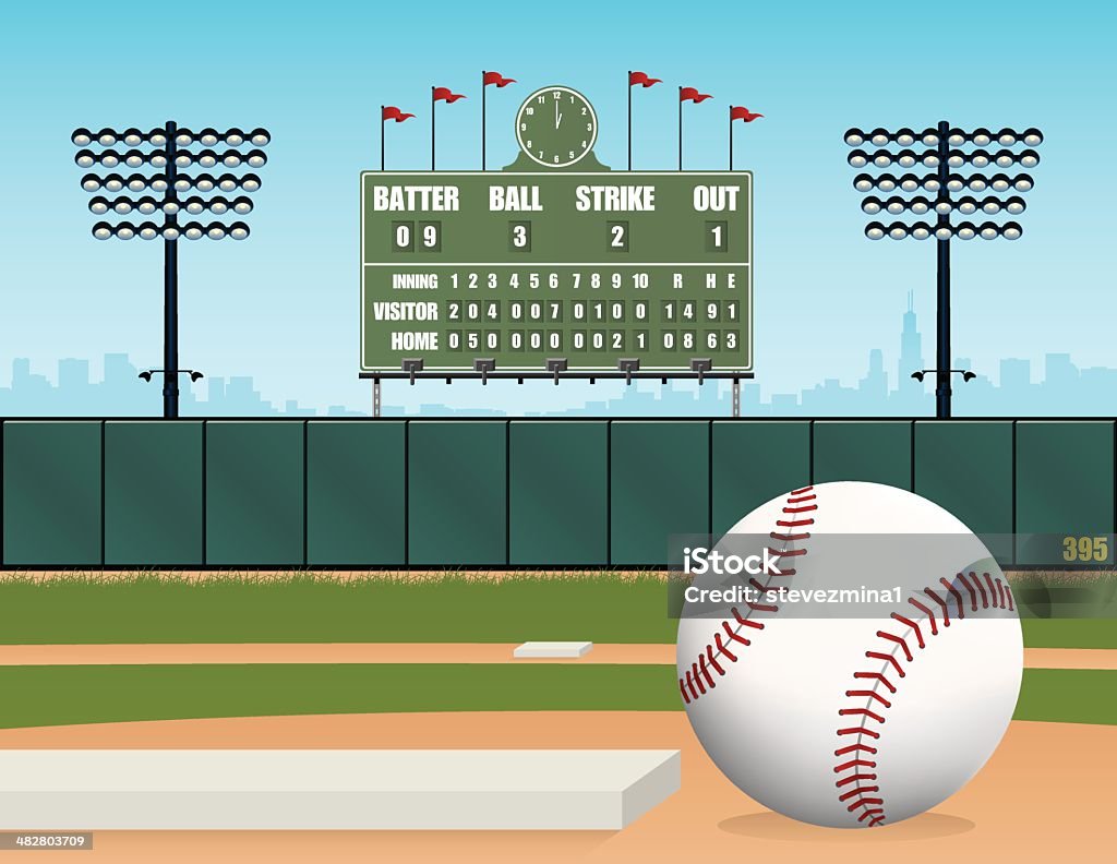 Campo da Baseball, palla, Stadium e retrò Scoreboard Illustrazione vettoriale - arte vettoriale royalty-free di Campo da baseball
