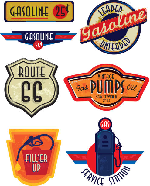 Set of Vintage Gas Bar signs Old fashioned Gas Bar and Gasoline related signs and labels. Vintage style with sample design text and elements. Variety of color and lot's of texture to appear slightly worn with age. Download includes Illustrator 8 eps, high resolution jpg and png file. See my portfolio for other signs, labels and vintage items. route 66 stock illustrations