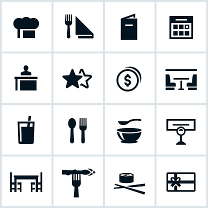 Restaurant related icons. Icons include restaurant dining icons.